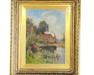Signed oil on canvas landscape mounted under glass