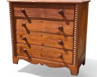 Pine four drawer cottage chest with spool turnings