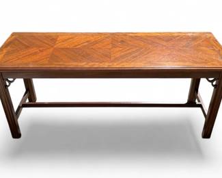 Marquetry top bench with stretcher base