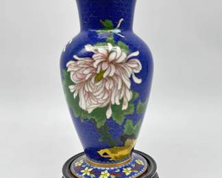 Single blue cloisonné vase with stand