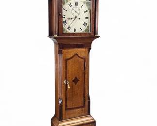 English oak tall case clock with painted dial; WORKING!