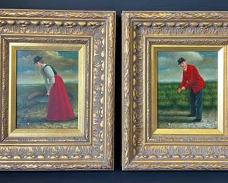 Two oil on canvas lady golfer, gentleman golfer