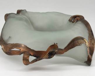 Frosted draped glass bowl with bronze overlay