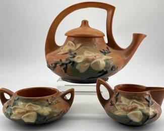 Roseville "Clematis" teapot, sugar, creamer