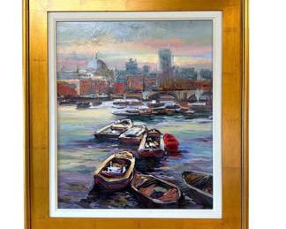 Acrylic on canvas painting of European city