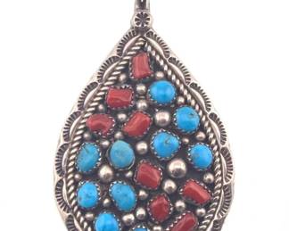 Native American turquoise coral sterling pendant