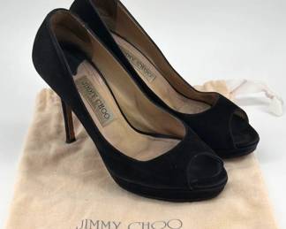Jimmy Choo black suede peep toe heels, size 38