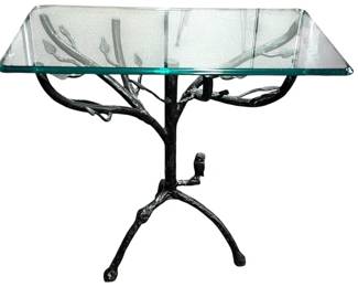Artisan patinated iron and glass side table