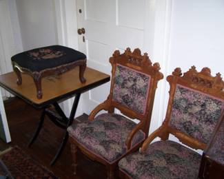 2 OF A PAIR OF EASTLAKE CHAIRS, NEEDLEPOINT STOOL & CARD TABLE