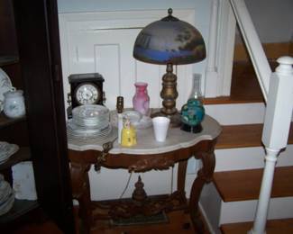 MARBLE-TOP,  REVERSE-PAINTED LAMP, SMALLS