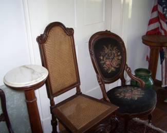 MARBLE-TOP PLANT STAND, ELIZABETHAN-STYLE CHAIR,  NEEDLE-POINT LADIES' CHAIR