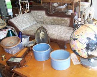 CHILD'S FAINTING COUCH, CROCKS & MISC.