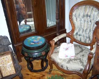 VICTORIAN GENT'S CHAIR, ASIAN TABLE & MIRRORED-DOOR ARMOIRE