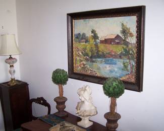 BUCOLIC SCENE PAINTING, FAUX TOPIARIES, MARBLE BUST