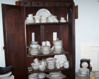WALNUT CORNER CABINET & CHINA