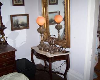 PLATED TEASET, MARBLE-TOP TABLE, BANQUET LAMP & GILT-FRAMED MIRROR