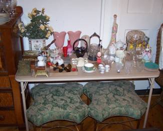PAIR OF FOOTSTOOLS CUT GLASS LAMP & MORE