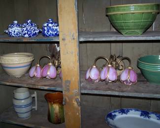 MIXING BOWS, PAIR OF PINK-SHADE SCONCES