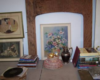 WOODEN FIRE-PLACE SURROUND, PRINTS, DISHES & BOOKS