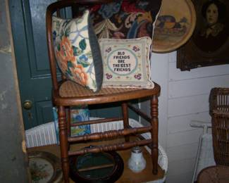 NEEDLEPOINT PILLOWS, CANED CHAIR