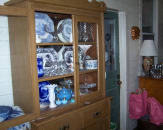 STEP-BACK CUPBOARD, FLOW BLUE & OTHER TRANSFER WARES