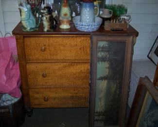 TIGER MAPLE CHEST & OIL PAINTING
