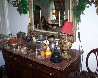 MARBLE-TOP SIDEBOARD, SILVER-PLATE & MISC.