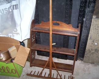BLACK GLASS TABLE TOPS, WALL SHELF & WOODEN RAKE