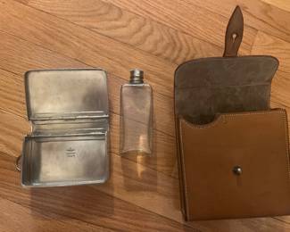 Vintage Swaine & Brigg Flask and Sandwich Tin in Leather Saddle Case (Sterling) 