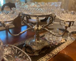 Antique Sheffield Plate Epergne with Waterford Cut Crystal Bowls