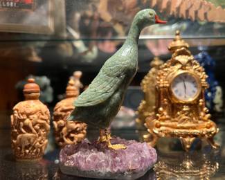 Carved Jade Duck on Amethyst with Gold Feet 