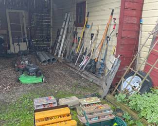 Mowers, fishing poles, yard tools, tackle boxes