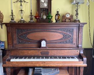 Great piano, clocks, lamps, and glassware