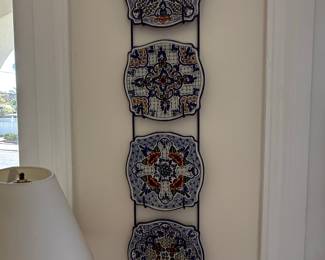 Set of 4 Hand-Painted Talavera Ceramic Plates with Wrought Iron Display Rack