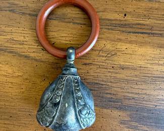 Antique Silver Baby Rattle with Wooden Ring