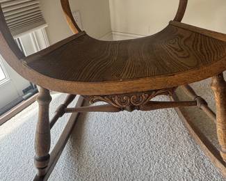 Antique Quartersawn Oak Spindle Back Rocking Chair with Carved Crest Rail