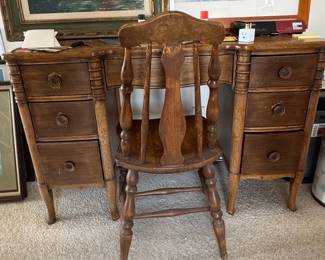 Vintage Oak Vanity Desk and Chair Set