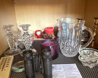 Crystal Pitcher, Candlesticks, Thermometer, and Monocular Set
