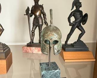 Bronze Spartan Warrior Statue and Roman Helmet Replica