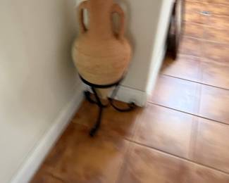 Terracotta Amphora with Handles on Metal Stand