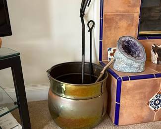 Brass Fireplace Cauldron with Tools