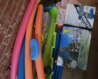 Pool noodles, sled, tent badminton set