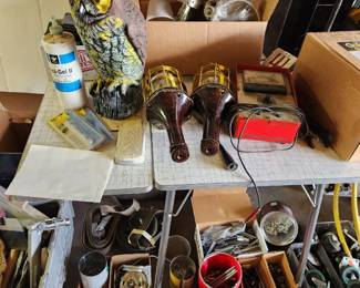 Hardware galore, faux owl, light fixtures