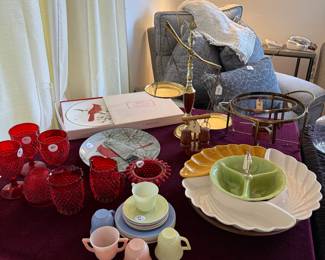Red Fenton Glass, Vintage Child's set.  Mid Century Lazy Susan Chips and Dip Set.