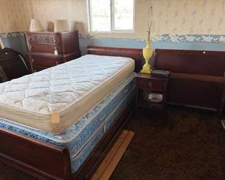 Twin size Sleigh style Headboards and Footboards, Twin Mattresses, Night Stand and Highboy dresser, Mirrors