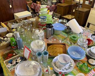 Food Storage containers.  Wood Cabinet, Cookware, French White Corning, Vintage Dishes, Vintage Vanity.