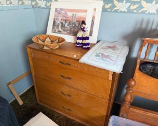 Small Wood Chest of Drawers, Art and basket
