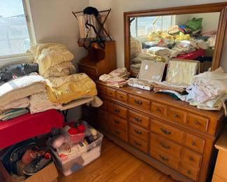 Dresser with Mirror, Night Stands, Vintage Linens