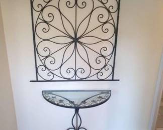 Metal glass top table and wall decor
