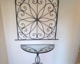 Metal glass top table and wall decor